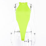 Sexy High Street Bodycon Neon Bodysuits Summer Colorful Sleevelss Backless Ftness Outfit Club Party Jumpsuit Combinaison Femme