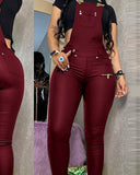 Women Fashion Buckled Zipper Design PU Suspender Jumpsuit