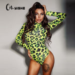 CNYISHE Women Long Sleeve Leopard Skin Prinetd Bodysuit Sexy Neon Green Streetwear Jumpsuit Skinny Leopard Tops Fashion Rompers