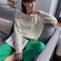 Nadafair Green Womens Zip Sweaters Plus Size V Neck Long Sleeve Casual Solid Oversized Pullovers Jumper Knitted Winter Tops 2021