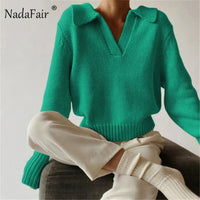 Nadafair Green Womens Zip Sweaters Plus Size V Neck Long Sleeve Casual Solid Oversized Pullovers Jumper Knitted Winter Tops 2021