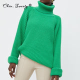 Women&#39;s Turtleneck Long Sleeve Sweater Knitted Green Casual Female 2021 Autumn Winter Jumper Elegant Ladies Pullover Sweaters