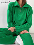 Nadafair Green Womens Zip Sweaters Plus Size V Neck Long Sleeve Casual Solid Oversized Pullovers Jumper Knitted Winter Tops 2021