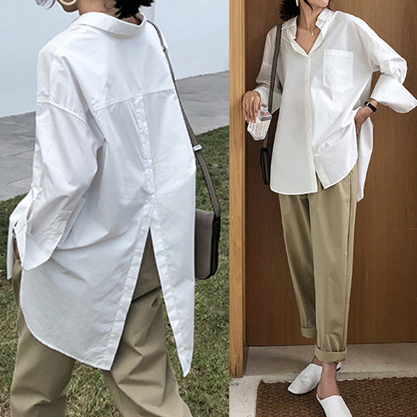 Celmia White Shirt 2021 Autumn Tunics Women Fashion Long Sleeve Blouse Lapel Casual Solid Button Asymmetrical Tops Party Blusas