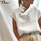 Celmia Stylish Women Shirts 2022 Summer Cotton Linen Oversized Blouses Short Sleeve Blusas Casual Loose Camisas Solid Tunic Top