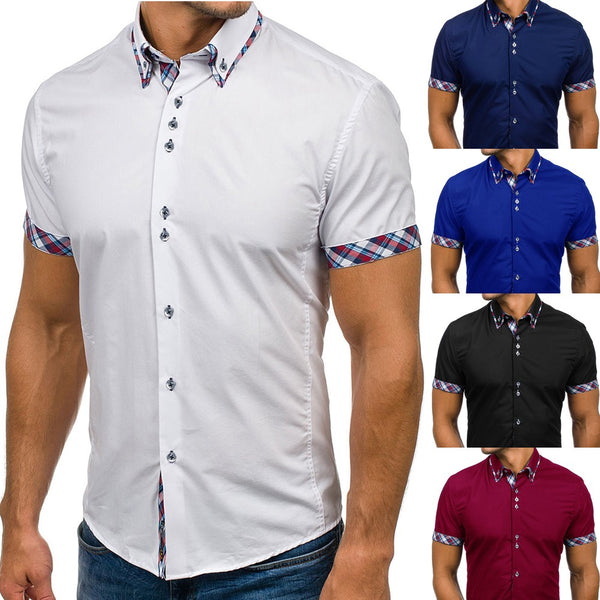 Men Shirt Casual Slim Short Sleeve Dress Shirt Cotton Plus Size Solid Color Top Clothes