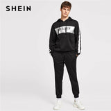 SHEIN Men Black And White Casual Drawstring Letter Hoodie And Pants Co-Ord Autumn Minimalist Mens Two Pieces