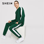 SHEIN Men Green Casual Tape Long Sleeve Pullover And Drawstring Waist Pants Set Autumn Minimalist Mens Two Pieces