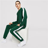 SHEIN Men Green Casual Tape Long Sleeve Pullover And Drawstring Waist Pants Set Autumn Minimalist Mens Two Pieces